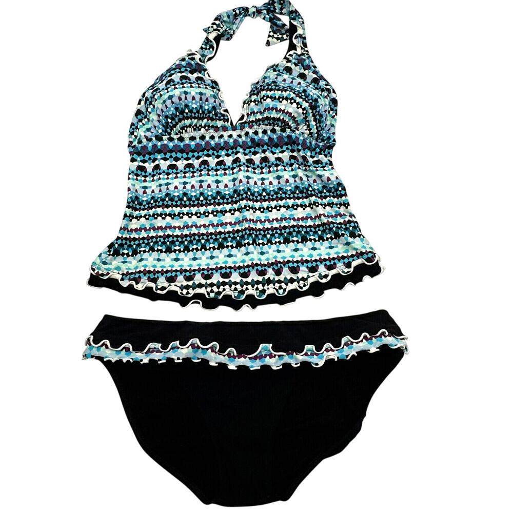 PROFILE BY GOTTEX Women's 10 Blue Bachata V Neck Halter 2 Piece Tankini Swimsuit